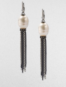 From the Midnight Pearl Collection. Lustrous South Sea pearls accompanied by dazzling diamonds with a sterling silver and blackened sterling silver, box chain tassel design. 11mm-12mm baroque South Sea pearlsDiamonds, .36 tcwSterling silver and blackened sterling silverLength, about 3Hook backImported 