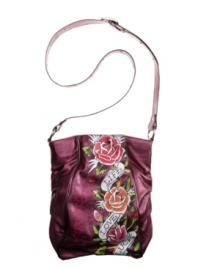 Life, Love, Luck: what more do you need? This stylishly rock-chic Full Bloom Renee crossbody bag from Ed Hardy, with bold flower-power graphics, a metallic sheen and a chic elongated silhouette.