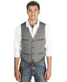 This pinstripe and plaid vest by Marc Ecko Cut & Sew upgrades your casual look to cool dapper style.