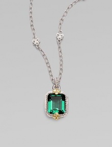 From the Estate Collection. An emerald-cut green quartz pendant set in a textured sterling silver, sparkling with white sapphires and accented in 18k gold.Green quartzWhite sapphireSterling silver18k goldLobster claspPendant, about 1 highChain, about 17 Imported 