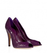 A bold jewel-tone hue and sultry python-embossed add trend-right appeal to these Casadei pumps - Peep-toe, ultra-high stiletto heel, python embossed leather - Wear with a flirty frock and style with a statement clutch