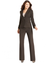 True style is in the details: Tahari by ASL's chocolate pinstriped pantsuit features tab-front trousers with a chic touch of faux leather on the waistband.