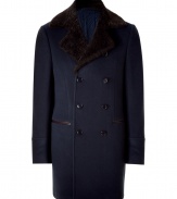 Channel classic sophistication in this luxe cashmere-blend coat for Etro - Wide lapels, faux fur collar, long sleeves, double-breasted, front button placket, welt pockets, back belt detail - Wear with slim trousers, a cashmere pullover, and brogues