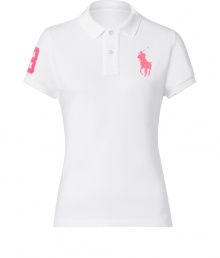 Detailed in breathable cotton mesh, Ralph Laurens neon detailed big pony polo is a cool modern take on this iconic style - Small collar, button placket, short sleeves, oversized neon pink embroidered polo player at chest and number patch on sleeve, slit sides, high-low hemline - Classic slim fit - Wear with your favorite jeans and just as bright loafers