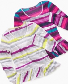 Get this adorable girlie peplum fit top by Epic Threads designed with horizontal bold stripes and set tomorrow's trends today.