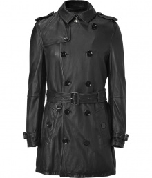 With its ultra soft black lambskin and iconic classic styling, Burberry Brits timeless trench has never felt so luxurious - Small spread collar, epaulettes, long sleeves with belted cuffs, double-breasted front button placket, belted waistline - Tailored silhouette - Pair with urban-cool knitwear and sharply tailored trousers