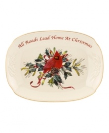 Make it part of your Christmas tradition or thank holiday hosts with this sentimental Winter Greetings tray from Lenox serveware. With embossed holly detail, a cheery red cardinal and the heart-warming phrase, All Roads Lead Home at Christmas on ivory porcelain.