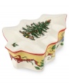 A sun-yellow partridge and pear tree motif lend new cheer to this covered candy dish and what's already a symbol of the season – Spode's Christmas Tree dinnerware. With embossed detail on lid.