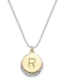 Letter perfection. This sterling silver necklace holds a pendant set in 14k gold and sterling silver plated topped with an R and adorned with crystal for a stunning statement. Approximate length: 18 inches. Approximate drop: 7/8 inch. Approximate drop width: 5/8 inch.