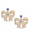 Flirty, feminine and totally fashionable! Prepare yourself for compliments when you wear Betsey Johnson's  bow earrings. Crafted in gold tone mixed metal with clear crystal accents and a blue crystal post. Approximate drop: 1-1/5 inches.