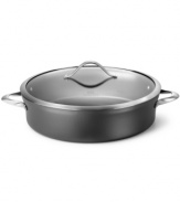 Quicker, cleaner, healthier. Combining a long-lasting durability, a professional performance and a low-fat guarantee, this covered sauteuse revolutionizes the way you work. A hard-anodized exterior & nonstick interior, plus a unique & versatile vessel shape, open up your space to an endless range of recipes. Lifetime warranty.