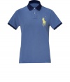 Stylish polo shirt in fine, pure medium blue pique cotton - A modern riff on a venerable classic from Ralph Lauren - Slim, straight cut - Small collar and short button placket - Oversize polo pony logo at chest and contrast trim at cuffs and neck - Hem hangs slightly longer in the back - Casually cool, ideal for everyday leisure - Pair with jeans, chinos or shorts