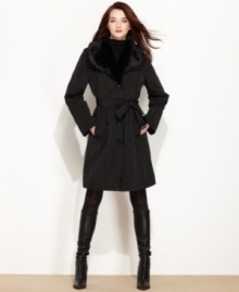 A faux-fur collar adds the look of luxe to this Jones New York trench coat -- perfect for a stylish cold-weather look!