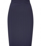 Elegant skirt in fine, dark blue cotton and synthetic fiber blend - Especially comfortable and flattering, thanks to a touch of stretch - Slim-fitting pencil cut hits above the knee - New, higher waist - Decorative seams and rear kick pleat - Zips at back - Sleek and streamlined, in a classically sophisticated pin stripe - Pair with a silk top, tie neck blouse or tank and cropped cardigan and peep toe pumps or leather sandals