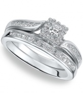 Complete the whole look. This stunning two-piece set features a round-cut diamond wedding band and engagement ring (1/4 ct. t.w.). Set in sterling silver. Size 7.