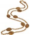 Luxe gold-plated necklace from Chanel Vintage Jewelry - Costume pieces are all original creations from the 70s, 80s and 90s - Long, elegant medium-width chain - Oval coins feature sun and discreet logo detail - Seriously chic and perennially stylish - Versatile and sophisticated, goes with everything from cocktail dresses and more casual sheaths to jeans and button downs