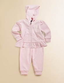 Dressing has never been easier with a coordinating ruffled hoodie and sweatpant set in soft cotton fleece, perfect for the sporty girl. Hoodie Attached hoodLong puffed sleevesFull-zip closureSplit kangaroo pocketRuffled hem Pants Elastic waistband with bow detailCottonMachine washImported