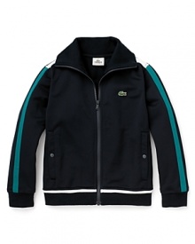 A timeless look from Lacoste, this zip-up track jacket sports contrast stripes along the sleeves and hem.