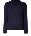 Elegant pullover in a fine dark blue wool and cashmere blend - With a deep V-neck - The cut is slim and straight with long sleeves - A casual classy basic for everyday wear - Very light, soft material - Small ribbed cuffs on the sleeves and hem - A classic favorite piece that works with all types of pants for leisure and business