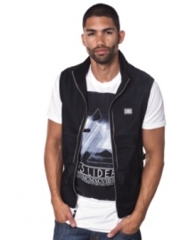 Get invested in edgy style with this sleeveless zip front vest from Marc Ecko Cut & Sew.