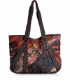 Unleash your urban traveler with Antik Batiks embellished tote, detailed with sequined patchworking for that cool global feel - Chocolate leather trim, multicolored metal set stone embellished front, allover metallic sequin and bead embroidery, magnetic top snap, woven leather handles, inside zippered back wall pocket, two front wall slot pockets, leather bottom - Team with floral hippie dresses and boots, or with cool layered separates and colorful chunky jewelry