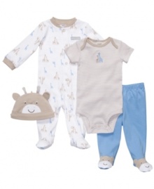 Being cute is one tall order, but he'll have no problem filling it in anything from this Carter's 4-piece coverall, bodysuit, pant and hat set.