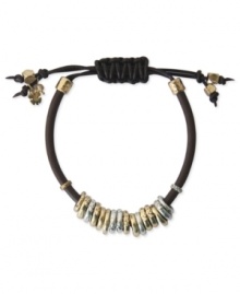 Ring in the new with this leather bracelet from Lucky Brand. Rings crafted from gold- and silver-tone mixed metal, as well as crystal-like accents, dress up the bracelet for a bold fashion statement. Approximate diameter: 2-1/4 inches.