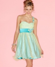 Flowers and sequins unite on this sweet, one-shoulder dress from XOXO – a great party frock with loads of girlish charm!