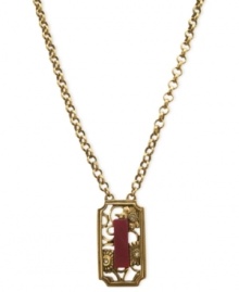 Paint the town red with this pendant necklace from T Tahari. The necklace, part of the Deco Lace Collection, is crafted from gold-tone mixed metal with the pendant featuring a Bordeaux-colored stone for a vibrant touch. Glass crystals add luster. Approximate length: 18 inches + 3-inch extender. Approximate drop: 1-1/2 inches.