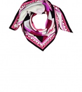 Add a rich pop of graphic color to any ensemble with Puccis fuchsia and grey printed silk foulard - Warm and vibrant in shades of red, purple and pink - Quintessentially Pucci geometric trim with black piping -  Perennially elegant triangular style ideal for knotting around the neck - Pair with everything from a t-shirt and leather jacket or a cashmere pullover to a solid knit dress and blazer