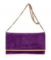 Classic with a modern twist, this luxe suede clutch from Emilio Pucci will pair effortlessly with your cocktail-ready looks - Classic envelope shape, front flap with gold-toned logo hardware trim and chain shoulder strap - Wear with a cocktail-ready frock, sky-high heels, and a statement ring