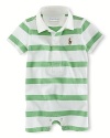 Soft cotton jersey coverall with a sporty rugby collar and bright stripe for an adorably preppy look.