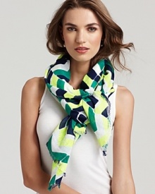 A vibrant chevron print zigzags its way across this woven oblong scarf from Juicy Couture.