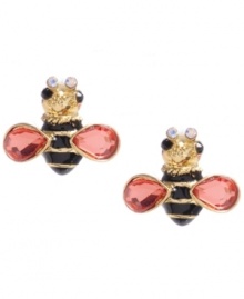 See what all the buzz is about. This fabulous Betsey Johnson style features bumblebee-shaped stud earrings in black and gold stripe with sparkling crystal wings. Set in gold-plated mixed metal. Approximate diameter: 5/8 inches.