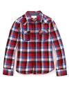 Diesel updates a classic cotton sport shirt in multicolor check, mini-check lining and logo applique lettering across the back.