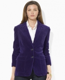 A tailored, feminine silhouette lends elegance to Lauren by Ralph Lauren's two-button jacket, designed for heritage style and modern appeal in butter-soft stretch corduroy.