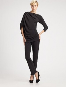 Comfortable, matte jersey knit in a slim, sophisticated silhouette.Pull-on style Banded waist 70% rayon/27% polyester/3% spandex Dry clean Imported