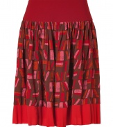 An elegant A-line silhouette and a lipstick-hued sartorial print informs this easy-to-style skirt from Anna Sui - Wide brick waistband, full gathered skirt, allover print, red trim, concealed back zip - Wear with a cashmere pullover or fitted blouse and embellished ballet flats