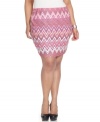 Show off your stems with L8ter's plus size mini skirt, featuring a printed bandage design-- it's super hot!