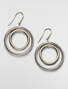 From the Thoroughbred Collection. Gracefully graduated circles, one of cabled sterling silver, one of 18k gold. Sterling silver and 18k yellow gold Drop, about 1½ Diameter, about 1 Ear wire