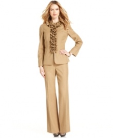 Tahari by ASL's pant suit gets a chic ruffled makeover for fall. Trouser-leg pants finish the ensemble and give it a crisp, tailored look.