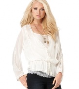 Buffalo Jeans offers a layered look in one great blouse with this romantic piece. Vintage-inspired lace trim and fabric-covered buttons add bohemian style to your everyday wardrobe!