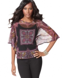 An exotic print on a sheer overlay with batwing sleeves makes for sophisticated, worldly style. Complete with a coordinating cami, it's a gorgeous look you'll want to wear again and again. (Clearance)