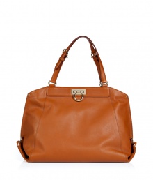 Finish you daytime look on an exquisitely elegant note with Salvatore Ferragamos super soft hazelnut leather handbag - Top hinged logo closure, zippered back slit pocket, belted double top handles, inside zippered back wall pocket, three front wall slit pockets - Team with ladylike looks for work, or carry as a companion for chic weekend getaways