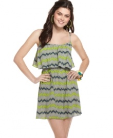 Go flirty in this day dress from Ali & Kris that sports a fun print and a ruffled overlay at the bodice!