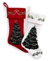 O Christmas stocking! An embroidered tree trimmed in colorful sequins and similar embellishment on the cuff and toe make this velvety soft stocking a holiday favorite.