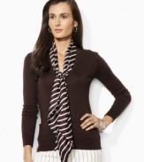 The classic V-neck cardigan is updated with a detachable silk scarf at the neckline for a chic accent, from Lauren by Ralph Lauren.