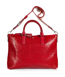 Tote around your daily essentials in style with this luxe red leather tote from cult favorite Anya Hindmarch - Rectangular shape, supple woven leather, top carrying handles, convertible shoulder strap, top zip closure with tassel detail - Perfect for daily use or for casual cocktails with the girls