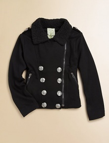 Keep your little girl snug as a bug in this ultra-cool, ultra-cozy topper with an oversized faux fur collar and zip pockets in a double-breasted silhouette.Oversized faux fur collarShoulder epaulettesLong sleevesZip-frontZip slash pocketsBack yokePolyester/Rayon/SpandexDry cleanImported