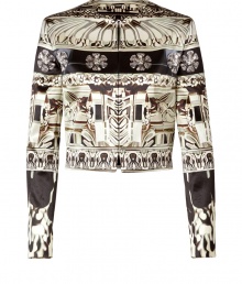 A bold graphic print covers this flattering cropped jacket from sought-after designer Mary Katrantzou - Round neckline, long sleeves, concealed front zip closure, all-over print - Slim cropped silhouette - Pair with a flowing maxi dress and strappy heels